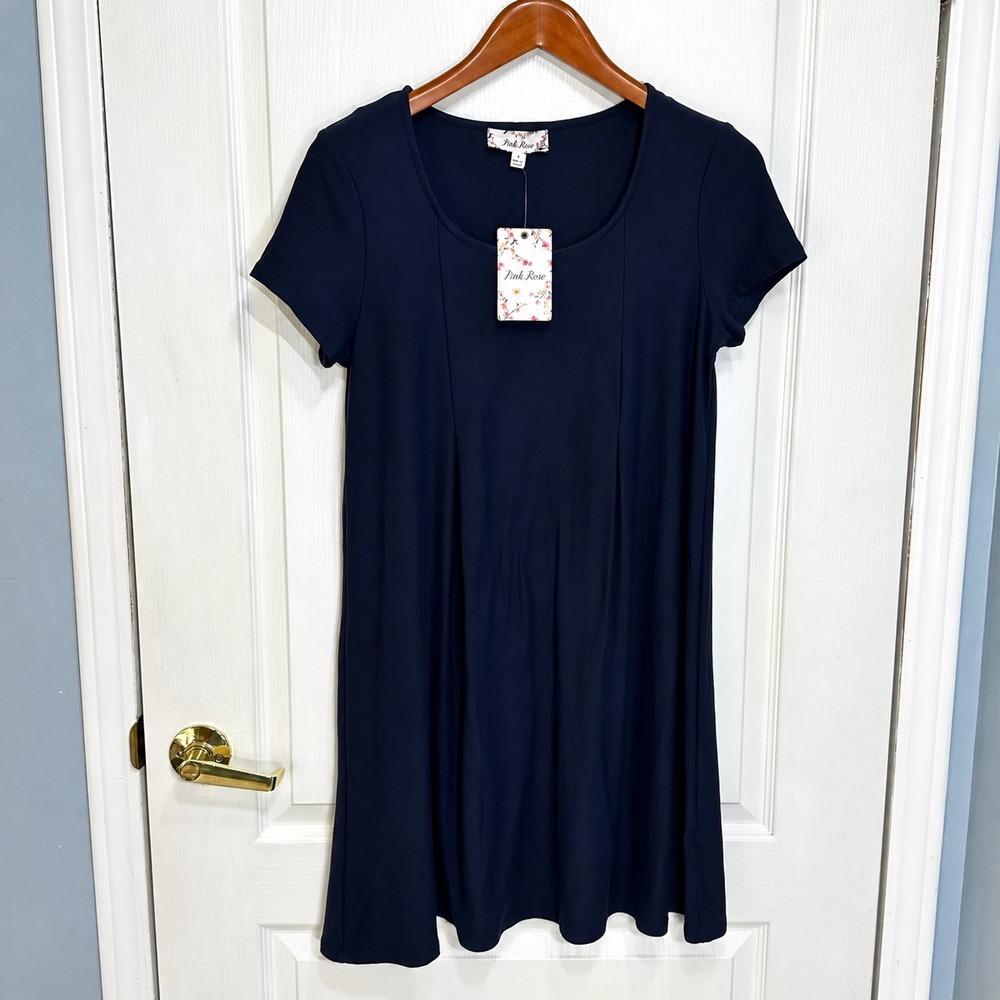 Pink Rose Navy Blue Short Sleeve Pleated A-Line Dress PS9K50350BK Womens L NEW